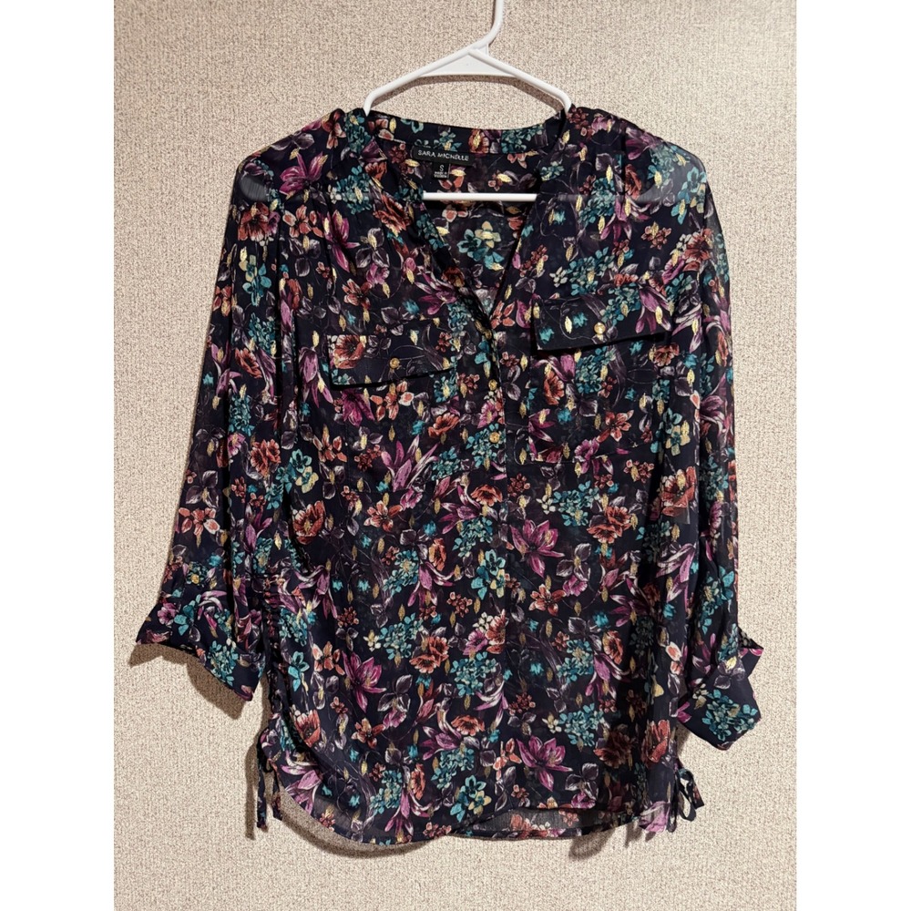 Sara Michelle Floral Metallic Button Down Blouse Navy Gold Roll Tab Sleeve Small